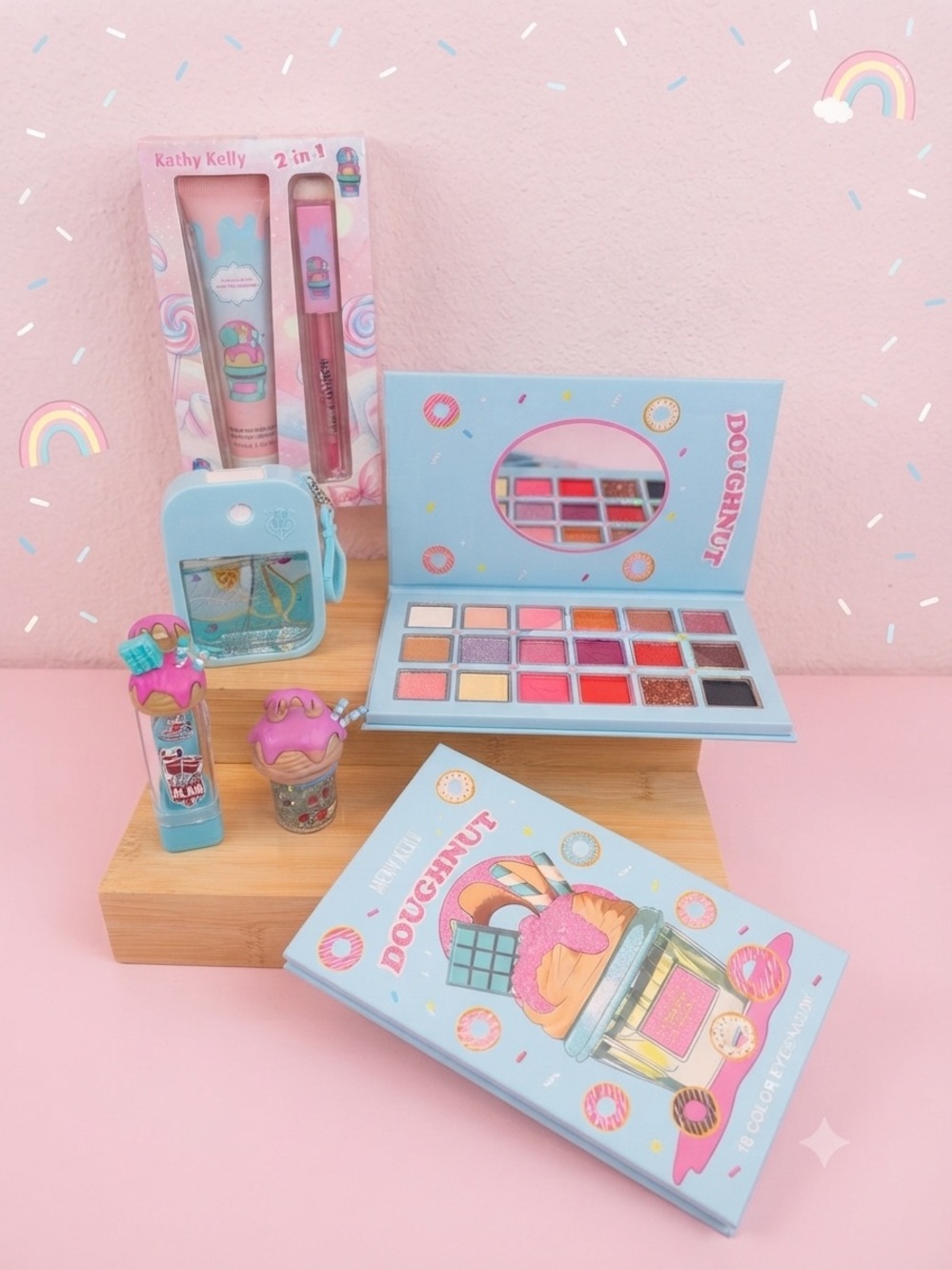 Doughnut 18-Color Eyeshadow Palette - Pastel Blue & Pink bundle